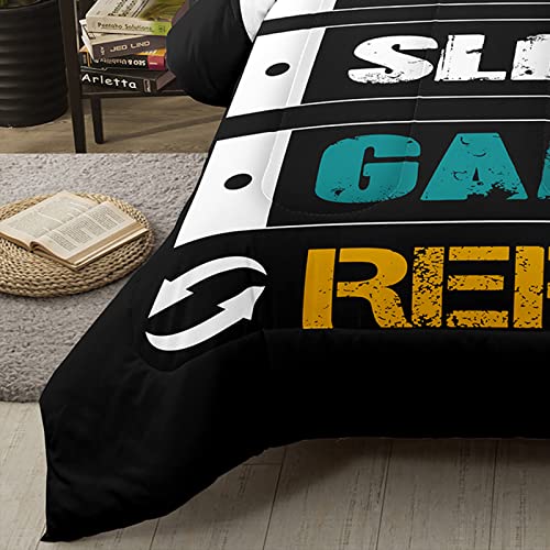 Bodhi Gaming Comforter Set Full,Gamer Bedding Sets for Boys Kids, Eat Sleep Game Repeat Design Comforter Set,3 Pieces Microfiber Game Bed Set (1 Gamer Comforter +2Pillowcases)