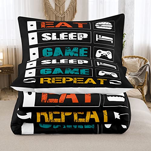 Bodhi Gaming Comforter Set Full,Gamer Bedding Sets for Boys Kids, Eat Sleep Game Repeat Design Comforter Set,3 Pieces Microfiber Game Bed Set (1 Gamer Comforter +2Pillowcases)