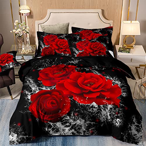 Djoymock Rose Duvet Cover Set Queen Red Floral Printed Bedding Set 3 Pieces Reversible Soft Microfiber Romantic Comforter Cover Set Home Decor for All Season (1 Duvet Cover + 2 Pillowcases) 90"x90"