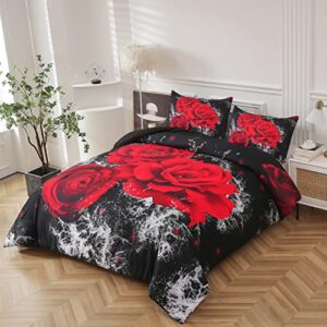 Djoymock Rose Duvet Cover Set Queen Red Floral Printed Bedding Set 3 Pieces Reversible Soft Microfiber Romantic Comforter Cover Set Home Decor for All Season (1 Duvet Cover + 2 Pillowcases) 90"x90"