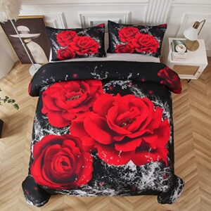 Djoymock Rose Duvet Cover Set Queen Red Floral Printed Bedding Set 3 Pieces Reversible Soft Microfiber Romantic Comforter Cover Set Home Decor for All Season (1 Duvet Cover + 2 Pillowcases) 90"x90"