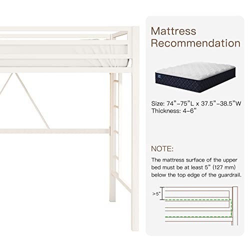 ikalido Metal Loft Bed Twin Size, Multifunctional Twin Bed with Safety Guard & Removable Ladder, Space-Saving/Noise Free/No Box Spring Needed/Matte White