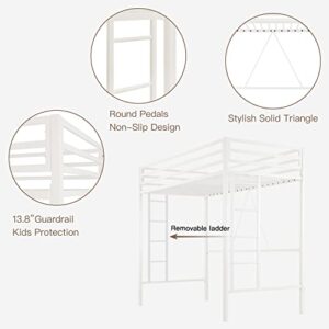 ikalido Metal Loft Bed Twin Size, Multifunctional Twin Bed with Safety Guard & Removable Ladder, Space-Saving/Noise Free/No Box Spring Needed/Matte White