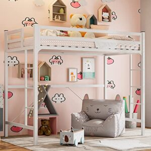 ikifly junior metal twin loft bed frame/two build-in ladders & safety guard rail - for adults/teens - easy assembly, space-saving design - white