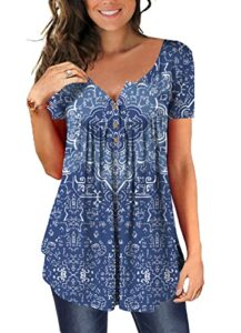 plus size womens tunic tops to wear with leggings summer short sleeve henley shirts casual ruffles button up blouses blue print 2xl