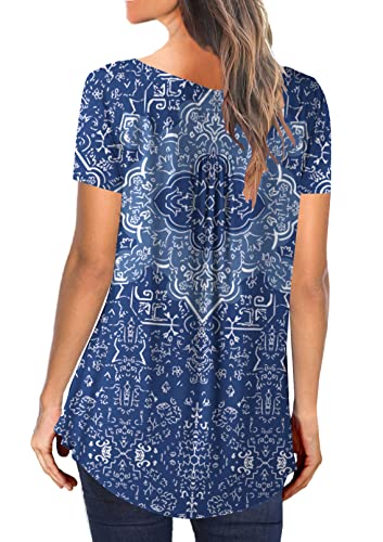 Plus Size Womens Tunic Tops To Wear With Leggings Summer Short Sleeve Henley Shirts Casual Ruffles Button Up Blouses Blue Print 2XL