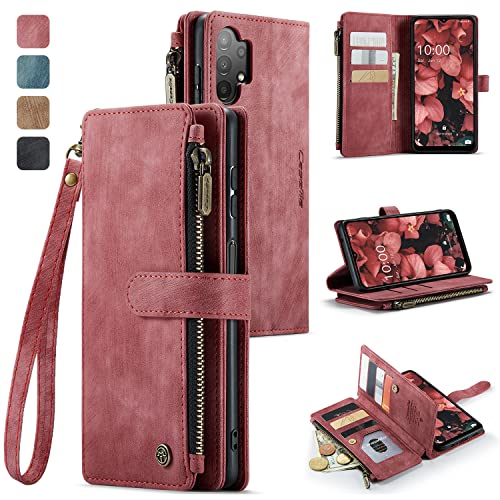 REEGINCH Samsung Galaxy A13 5G Case, Samsung A13 4G Wallet Case for Women Men, Durable PU Leather Case Magnetic Flip Zipper Card Holder Wristlet Strap Kickstand Phone Case for Samsung Galaxy A13, Red