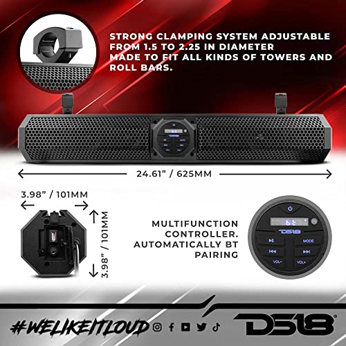 DS18 SB24BT 24" Marine Amplified Power Sports Bluetooth Sound Bar System USB Port IPX5 Rated Weatherproof 600 Watts Peak Power - Ideal for ATV UTV Jeeps Side by Side Marine Golf Car