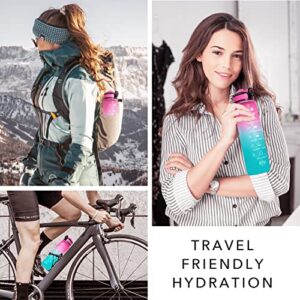 Hyeta 32 oz Water Bottles with Times to Drink and Straw, Motivational Water Bottle with Time Marker, Leakproof & BPA Free, Drinking Sports Water Bottle for Fitness, Gym & Outdoor, Pink-Green