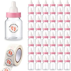 48 pieces 1.5 x 3.5 inch baby shower mini milk bottle with 500 adhesive thank you for showering stickers, small pink baby shower bottle plastic fillable gift boxes diy baby shower party favor