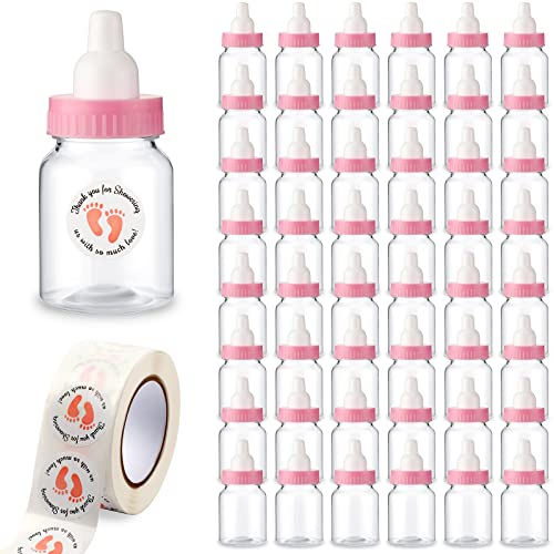 48 Pieces 1.5 x 3.5 Inch Baby Shower Mini Milk Bottle with 500 Adhesive Thank You for Showering Stickers, Small Pink Baby Shower Bottle Plastic Fillable Gift Boxes DIY Baby Shower Party Favor