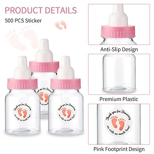 48 Pieces 1.5 x 3.5 Inch Baby Shower Mini Milk Bottle with 500 Adhesive Thank You for Showering Stickers, Small Pink Baby Shower Bottle Plastic Fillable Gift Boxes DIY Baby Shower Party Favor