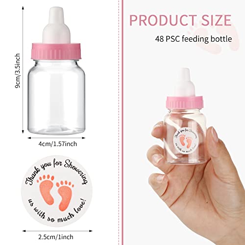 48 Pieces 1.5 x 3.5 Inch Baby Shower Mini Milk Bottle with 500 Adhesive Thank You for Showering Stickers, Small Pink Baby Shower Bottle Plastic Fillable Gift Boxes DIY Baby Shower Party Favor