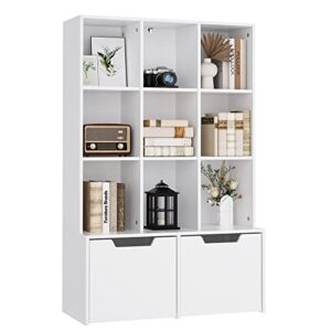 hifit cube bookshelf, 55.1" h bookcase storage cabinet wooden with 9 compartments and 2 large drawers for home office living room, white 1pcs