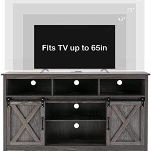 Vinctik 6&Fox 57” Wooden Farmhouse TV Stand for 60/65 inch TV,Double Layer Storage Entertainment Center TV Console Table,w Double-Row Sockets and 2 Sliding Barn Door,Media Cable Box(Grey Wash)