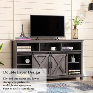 Vinctik 6&Fox 57” Wooden Farmhouse TV Stand for 60/65 inch TV,Double Layer Storage Entertainment Center TV Console Table,w Double-Row Sockets and 2 Sliding Barn Door,Media Cable Box(Grey Wash)