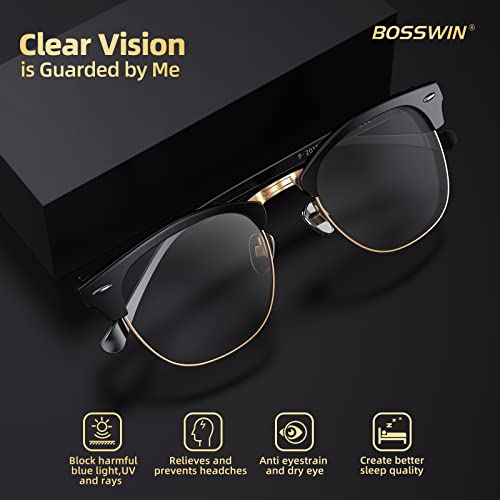 BOSSWIN Blue Light Glasses, 2 Pack, Fashion Round Half Frame, Computer/Game/Reading/TV Blue Light Blocking Glasses (Gold+silver)