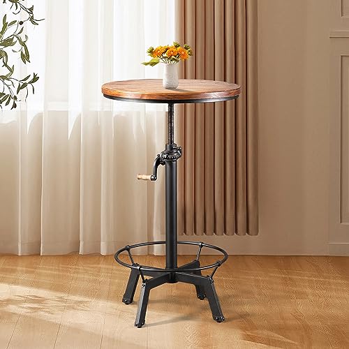 BOKKOLIK Industrial Bar Table 33.47-39.37inch Height Adjustable Swivel Wooden Top Vintage Breakfast Dining Table Farmhouse Cocktail Bistro Pub Table