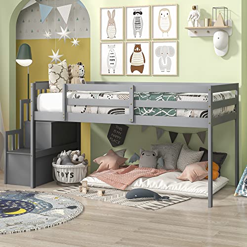 Olela Twin Loft Bed,Wooden Low Loft Bed with Stairs for Kid Junior,No Box Spring Needed,Easy to Assembly (Grey, No Slide)