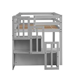 Olela Twin Loft Bed,Wooden Low Loft Bed with Stairs for Kid Junior,No Box Spring Needed,Easy to Assembly (Grey, No Slide)