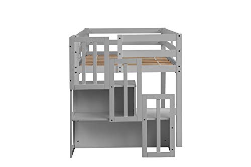 Olela Twin Loft Bed,Wooden Low Loft Bed with Stairs for Kid Junior,No Box Spring Needed,Easy to Assembly (Grey, No Slide)