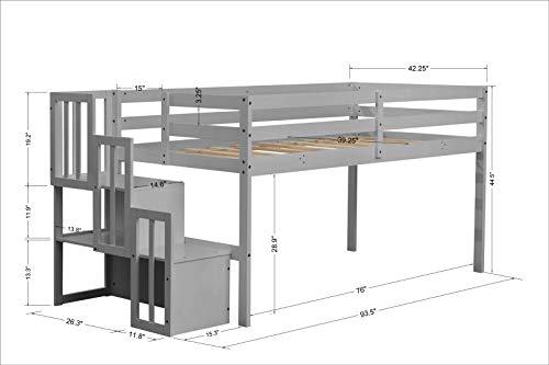 Olela Twin Loft Bed,Wooden Low Loft Bed with Stairs for Kid Junior,No Box Spring Needed,Easy to Assembly (Grey, No Slide)