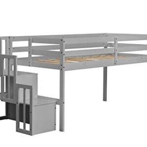 Olela Twin Loft Bed,Wooden Low Loft Bed with Stairs for Kid Junior,No Box Spring Needed,Easy to Assembly (Grey, No Slide)