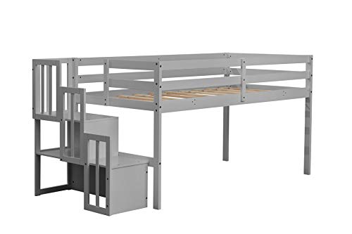 Olela Twin Loft Bed,Wooden Low Loft Bed with Stairs for Kid Junior,No Box Spring Needed,Easy to Assembly (Grey, No Slide)