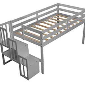 Olela Twin Loft Bed,Wooden Low Loft Bed with Stairs for Kid Junior,No Box Spring Needed,Easy to Assembly (Grey, No Slide)