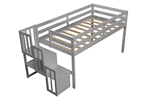 Olela Twin Loft Bed,Wooden Low Loft Bed with Stairs for Kid Junior,No Box Spring Needed,Easy to Assembly (Grey, No Slide)