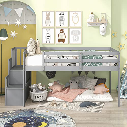 Olela Twin Loft Bed,Wooden Low Loft Bed with Stairs for Kid Junior,No Box Spring Needed,Easy to Assembly (Grey, No Slide)