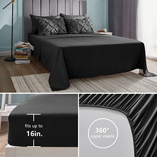 CozyLux Queen Comforter Set - 7 Pieces Comforters Queen Size Black, Pintuck Bed in A Bag Pinch Pleat Complete Bedding Sets with All Season Comforter, Flat Sheet, Fitted Sheet and Pillowcases & Shams