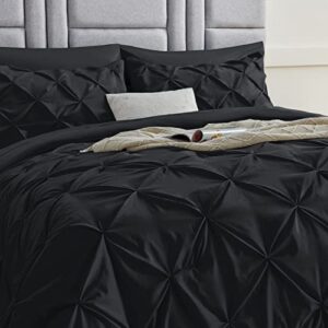 CozyLux Queen Comforter Set - 7 Pieces Comforters Queen Size Black, Pintuck Bed in A Bag Pinch Pleat Complete Bedding Sets with All Season Comforter, Flat Sheet, Fitted Sheet and Pillowcases & Shams