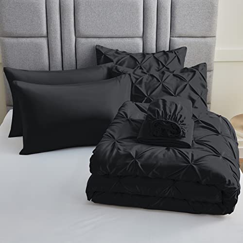 CozyLux Queen Comforter Set - 7 Pieces Comforters Queen Size Black, Pintuck Bed in A Bag Pinch Pleat Complete Bedding Sets with All Season Comforter, Flat Sheet, Fitted Sheet and Pillowcases & Shams