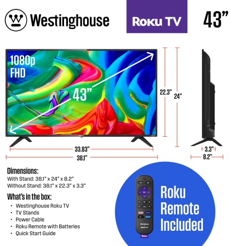 Westinghouse Roku TV - 43 Inch Smart TV, 1080P LED Full HD TV with Wi-Fi Connectivity and Mobile App, Flat Screen TV Compatible with Apple Home Kit, Alexa and Google Assistant
