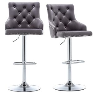 btexpert set of 2 premium upholstered dining 25" - 33" adjustable high back stool bar chairs, gray tufted nailhead trim, (5153gr-2)