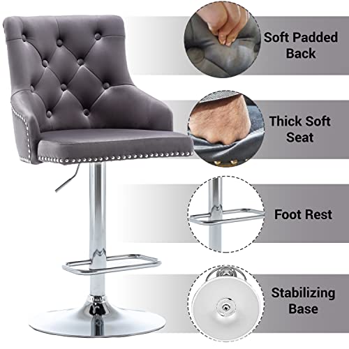 BTEXPERT Set of 2 Premium upholstered Dining 25" - 33" Adjustable High Back Stool Bar Chairs, Gray Tufted Nailhead Trim, (5153GR-2)