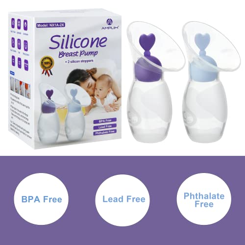 Amplim Manual Breast Pump with Two Stoppers - 2 Pack, FSA/HSA Eligible, 4oz/100ml, Portable, Comfortable, and Easy to Use - BPA-Free and Food Grade Silicone - Ideal for Breastfeeding Moms On The Go