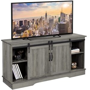 yaheetech farmhouse tv stand wih storage, 58" entertainment center with sliding barn door, wooden media tv console with height adjustable shelves for living room, grey wash