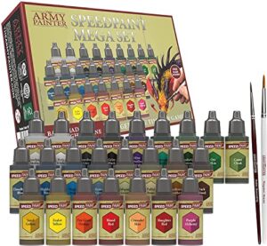the army painter speedpaint mega paint set brush combo, 24 bottles of non toxic 18ml acrylic paints including 2 paint brush for mini figures and miniature model painting