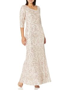 alex evenings women's long sequin dresses with ¾ sleeves, champagne ivory, 12