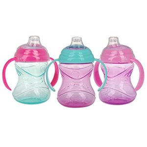 nuby 3 piece no-spill grip n’ sip silicone cup with soft flex spout, 2 handle with clik it lock feature, girl,10 ounce, light pink, bright pink, purple, aqua light pink, bright pink, purple, aqua