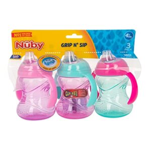 Nuby 3 Piece No-Spill Grip N’ Sip Silicone Cup with Soft Flex Spout, 2 Handle with Clik It Lock Feature, Girl,10 Ounce, Light Pink, Bright Pink, Purple, Aqua Light Pink, Bright Pink, Purple, Aqua