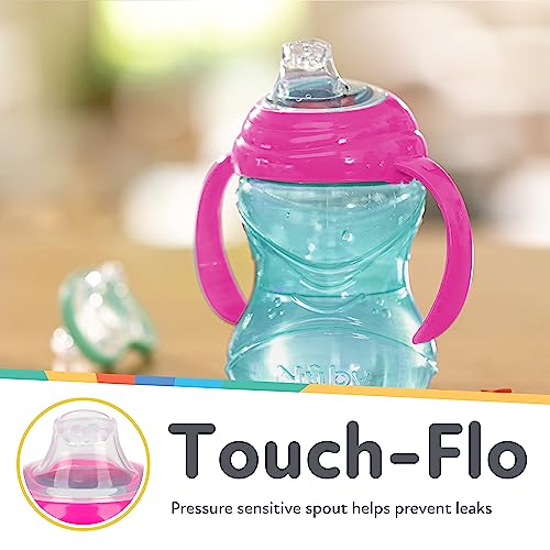 Nuby 3 Piece No-Spill Grip N’ Sip Silicone Cup with Soft Flex Spout, 2 Handle with Clik It Lock Feature, Girl,10 Ounce, Light Pink, Bright Pink, Purple, Aqua Light Pink, Bright Pink, Purple, Aqua