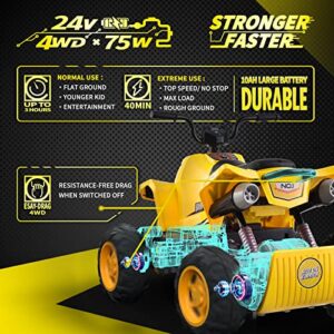 Blitzshark 24V Kids Ride on ATV 4WD Quad 4x75W Powerful 4-Wheeler Electric Vehicle, with 6MPH Fast Speed, 10AH Large Battery, Soft Brake, Full Metal Suspensions & Protective Gear, Lighting Rider