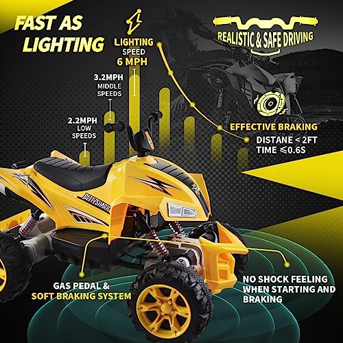 Blitzshark 24V Kids Ride on ATV 4WD Quad 4x75W Powerful 4-Wheeler Electric Vehicle, with 6MPH Fast Speed, 10AH Large Battery, Soft Brake, Full Metal Suspensions & Protective Gear, Lighting Rider