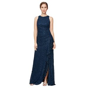 alex evenings women's long sleeveless cascade ruffle detail dress with front slit, navy sequin, 14