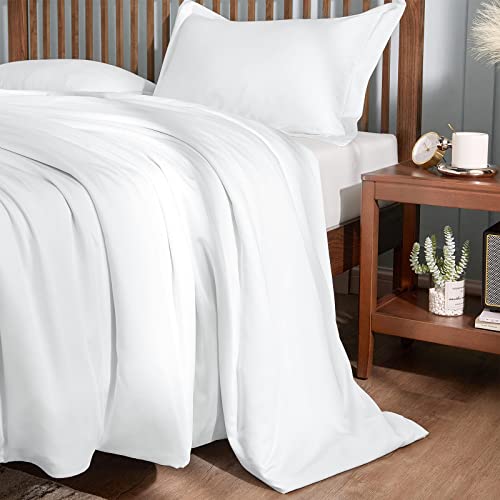 CozyLux 100% Organic Bamboo-Rayon Duvet Cover Queen Set Size Silky White 3PCS 300TC Luxury Comforter Cover 90" x 90", Oeko-Tex Cooling Duvet Covers with Zipper Closure and Corner Ties