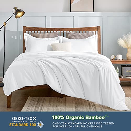 CozyLux 100% Organic Bamboo-Rayon Duvet Cover Queen Set Size Silky White 3PCS 300TC Luxury Comforter Cover 90" x 90", Oeko-Tex Cooling Duvet Covers with Zipper Closure and Corner Ties