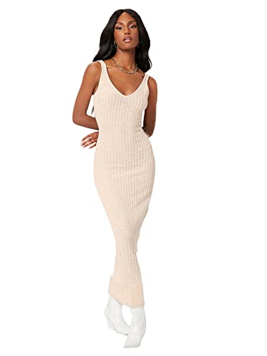 SheIn Women's Ribbed Knit Tank Bodycon Maxi Dress Basic V Neck Sleeveless Long Pencil Dresses Beige Small